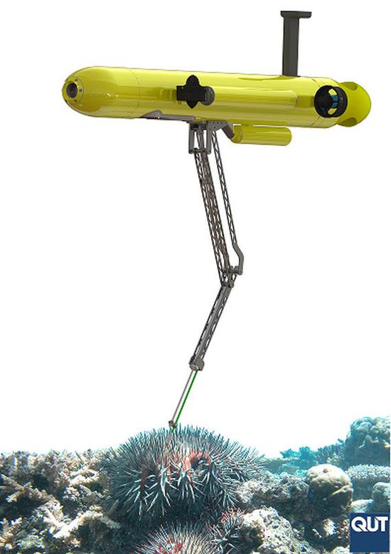 这种机器人被称为棘冠海星机器人(COTSbot),无需缆索便能在珊瑚礁中进行自主巡逻与监控,运用机器视觉搜索寻找棘冠海星。